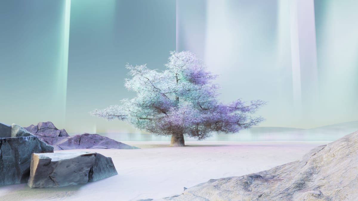Et digitalt generert bilde av et fargerikt tre i et snøkledd landskap. Bildekreditt: Google Deepmind