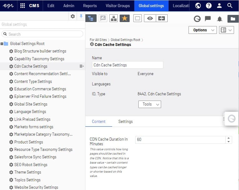 Screen shot showing the editorial interface for settings