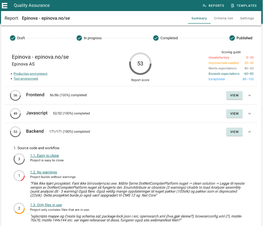Skjermbilde av QA verkt&oslash;yet summary