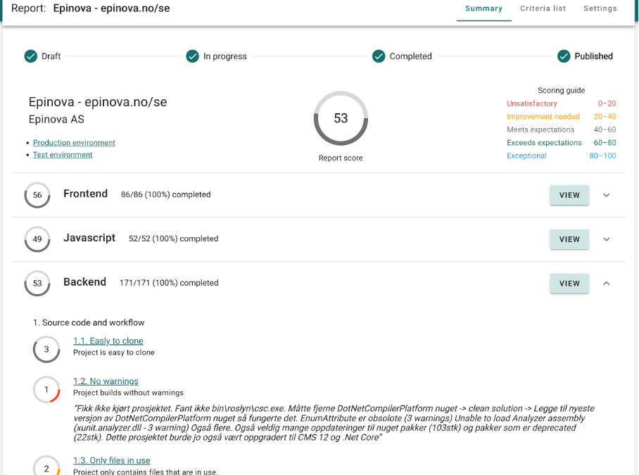 Skjermbilde av QA verktøyet summary