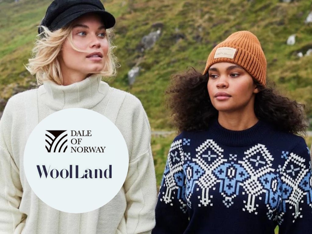 Bilde fra Dale of Norway. To kvinner i strikkede gensere.