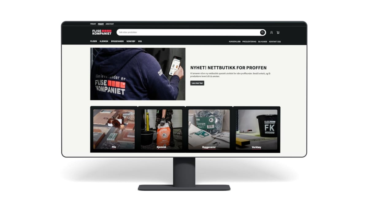 Mockup av proffsidene på en PC skjerm