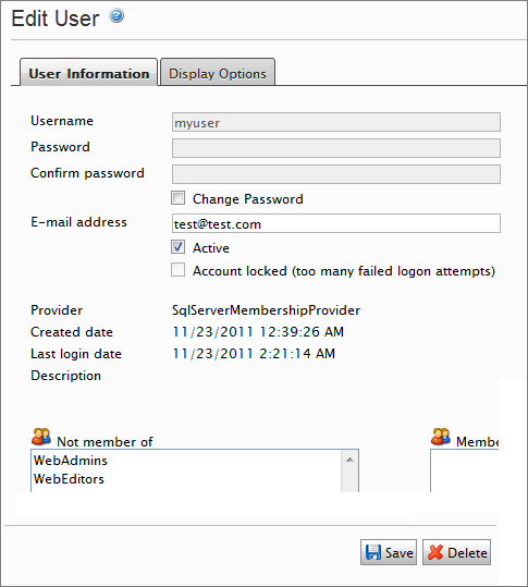 The EPiServer "Edit user" screen uses several provider methods