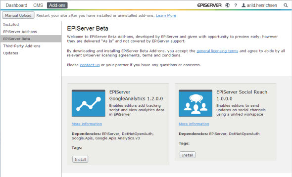 The Add-ons interface in EPiServer 7