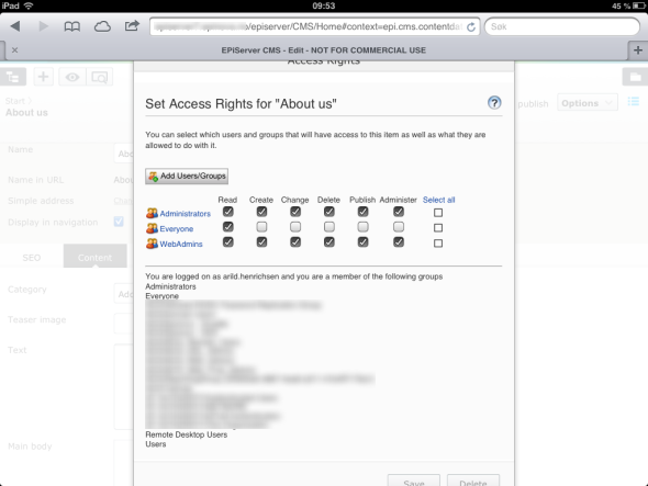 Unable to close the access rights window in EPiServer 7
