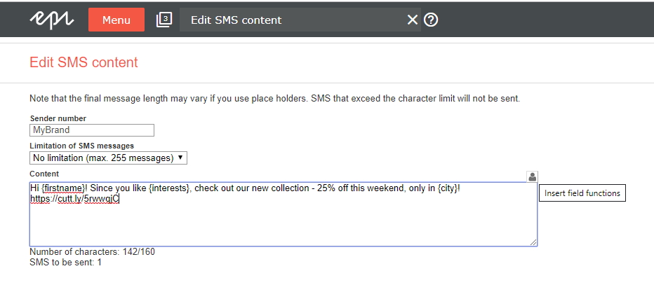 Editing SMS content in Episerver Campaign