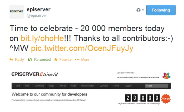 EPiServer World reached 20000 members in March 2013