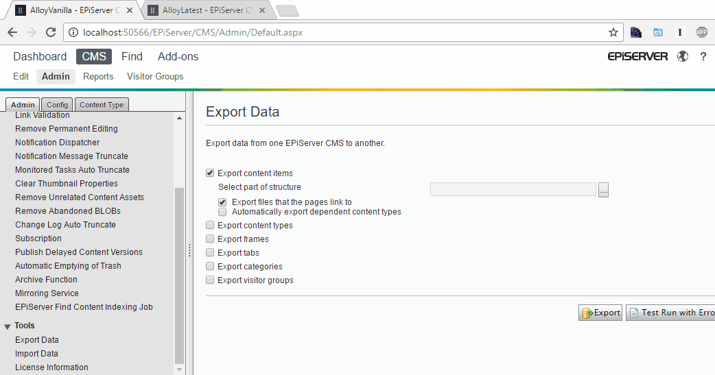 Exporting specific content in Episerver