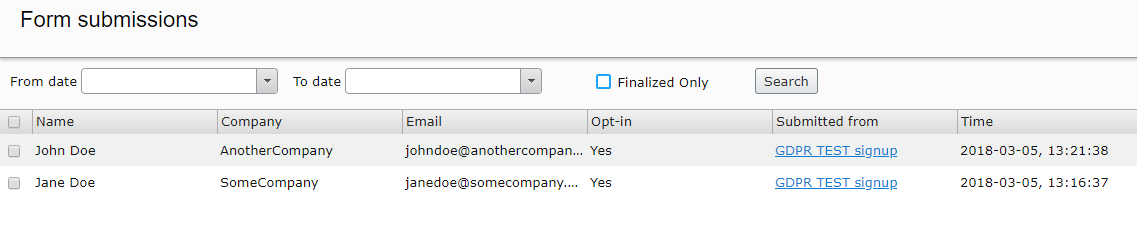 GDPR submitted form data with different iterations of the consent text