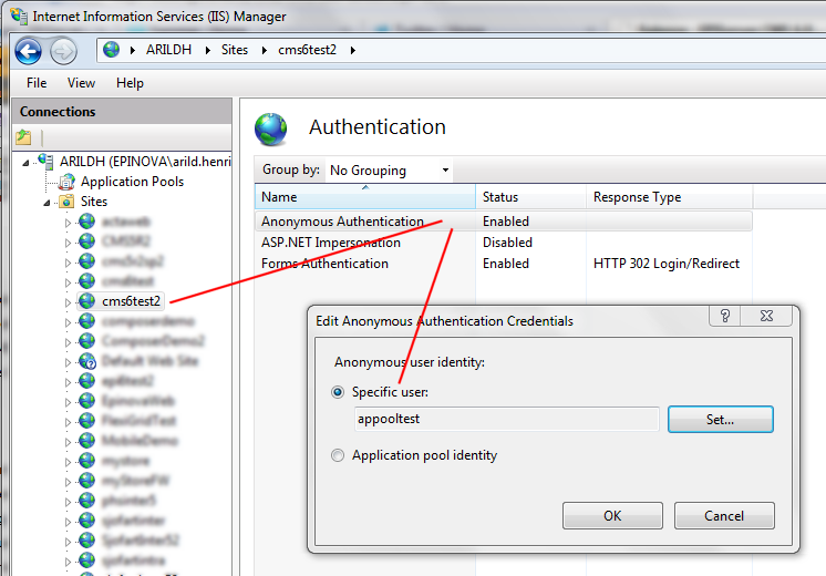 Setting the anonymous user identity in IIS