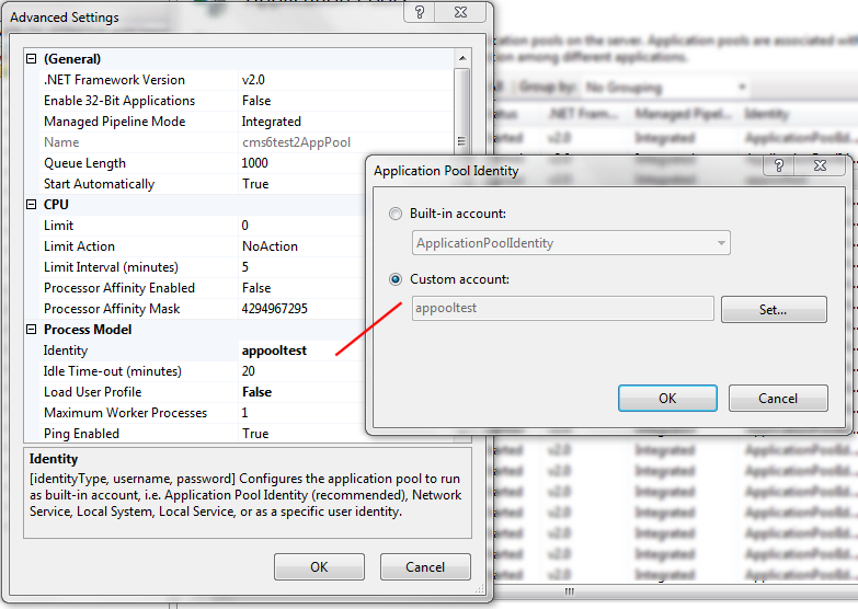 Setting the app pool identity in IIS7