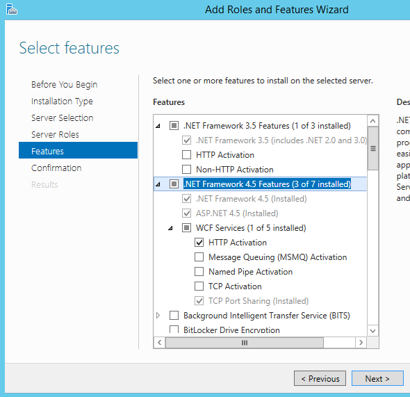 IIS features wizard