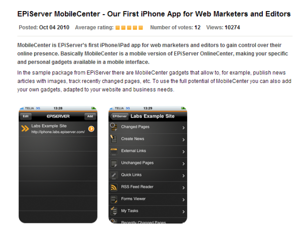 Screenshot of the Mobile Center press release at EPiServer World