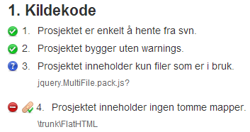 Screenshot from a development QA report (in Norwegian)