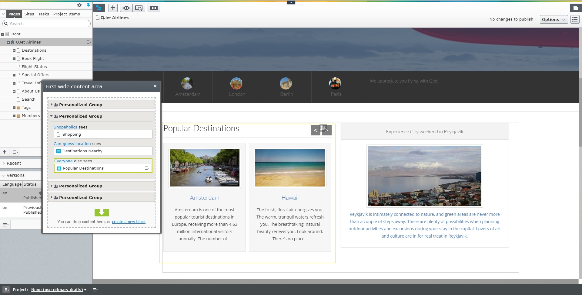 Using Visitor Groups to perform real-time personalization on the QJet demo site