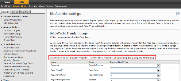 Configuring how SiteAttention interacts with pagetype properties