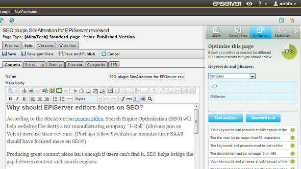 SiteAttention rates the SEO friendliness in realtime while the editor types