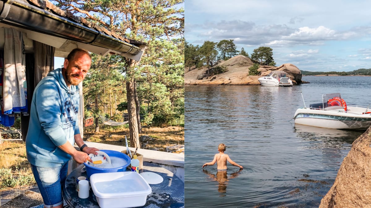 Bodal som vasker opp i vanskevannsfat og et ryggen til et barn som bader i sjøen.