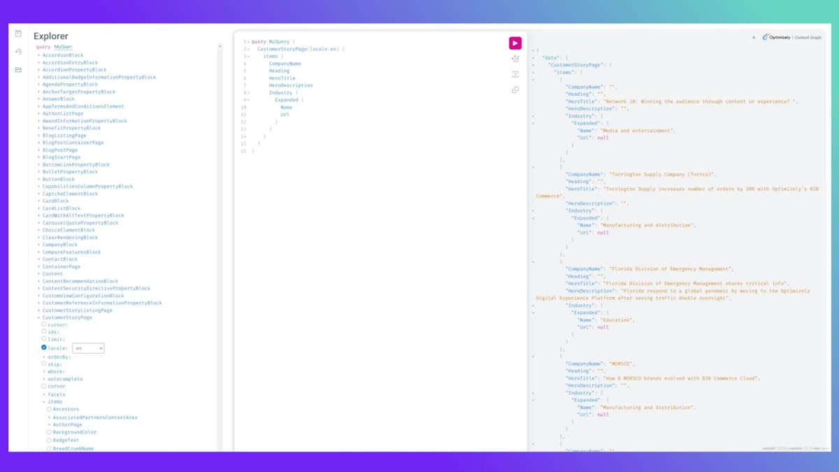 A screenshot from the Optimizely Graph API displaying a query and result against the content database