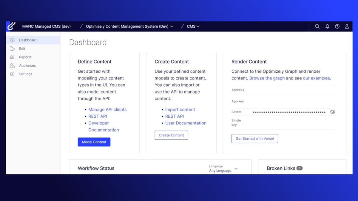 Concept image of the dashboard in Optimizely SaaS Core CMS