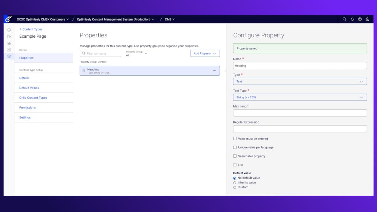 Concept image of content property definitions in Optimizely SaaS Core CMS